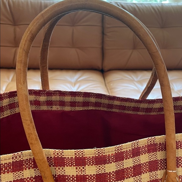 OOAK Gingham raffia and genuine leather giant Red and Tan Checkered Tote Bag - Picture 11 of 13